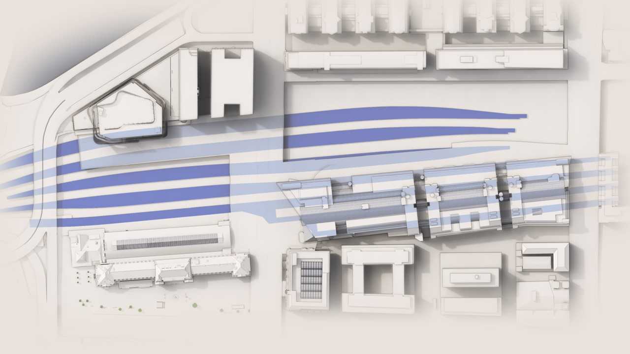 Illustration som visar Trafikverkets nya spår- och plattformlayout.