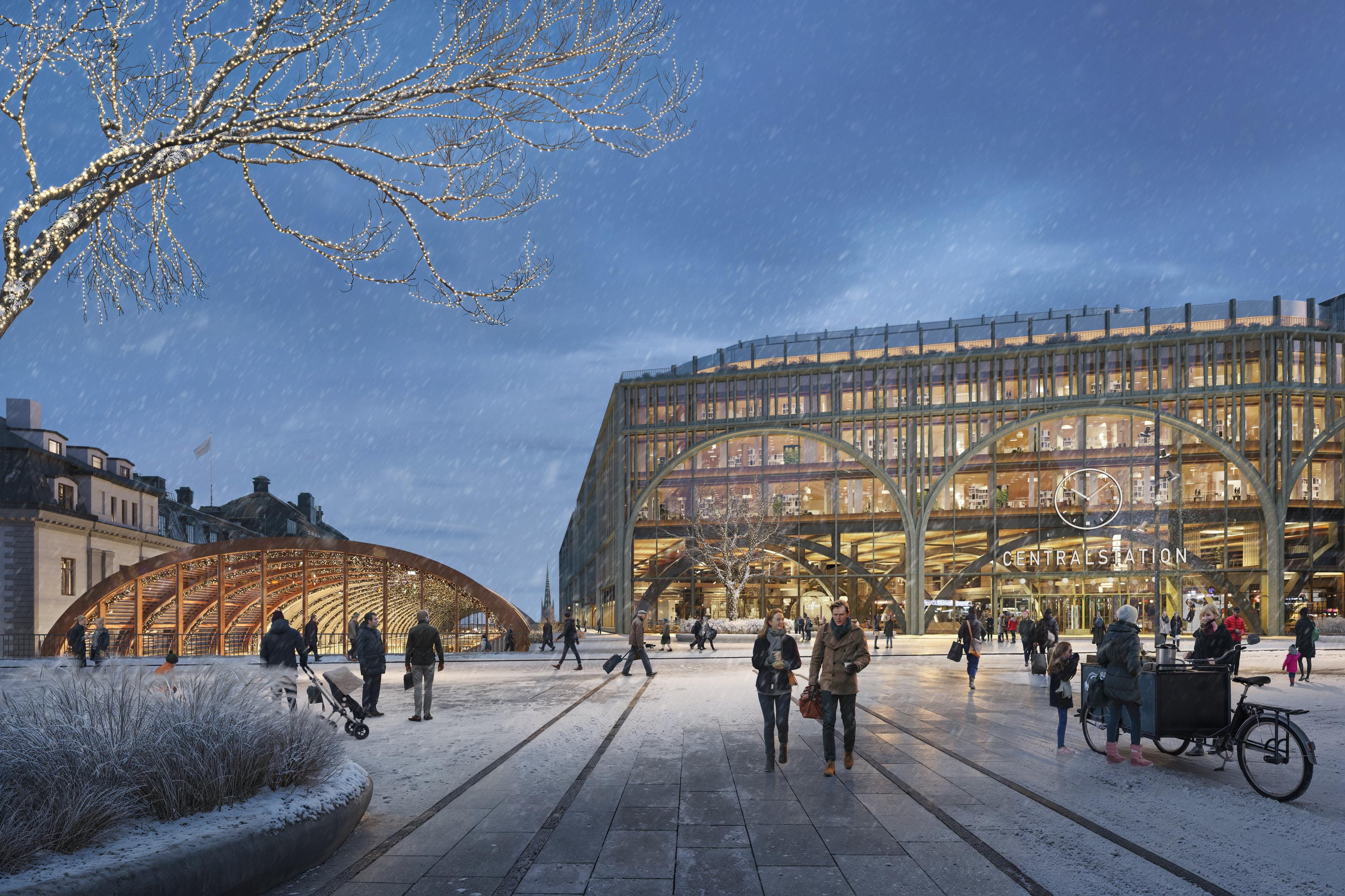 Visualisering över stationskvarteret och den förlängda B-hallen från samrådsförslaget
