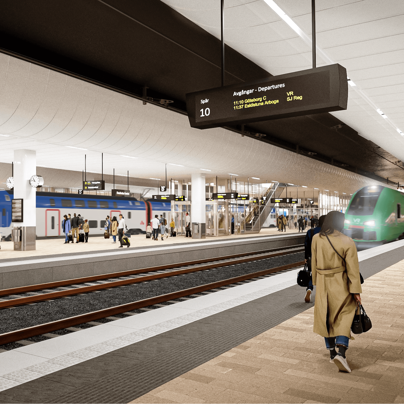 Visualisering som visar framtidens plattformsmiljö. Trafikverket &Rundquist. Beskuren