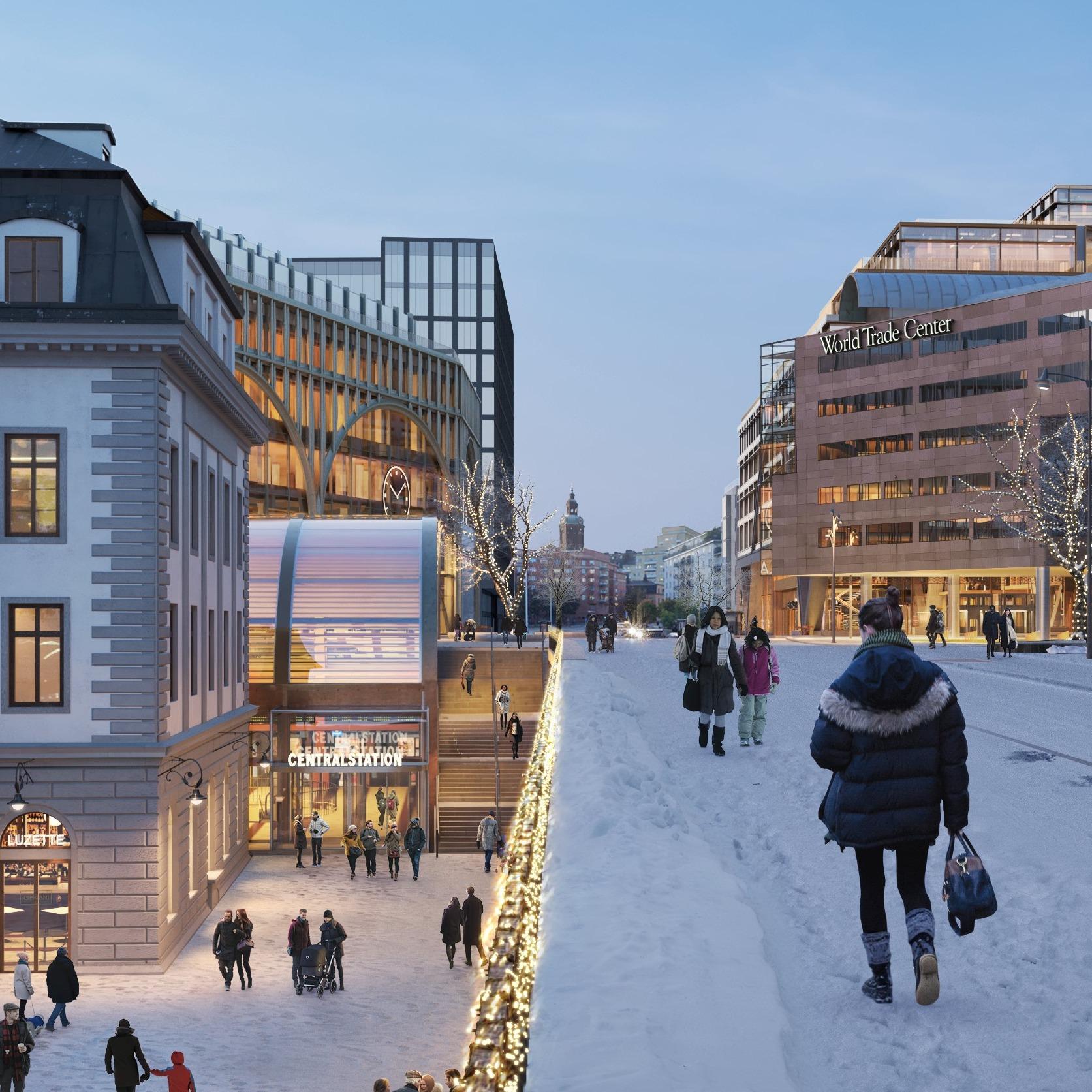 Visualisering av samrådsförslaget vy från Klarabergsbron, beskuren för att visa förlängningen av Centralhallen och Navet.