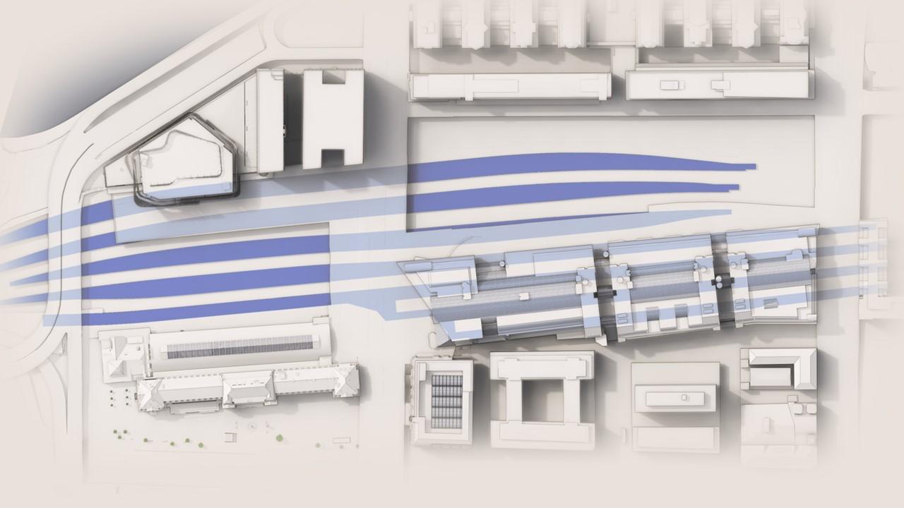 Illustration som visar Trafikverkets nya spår- och plattformlayout.