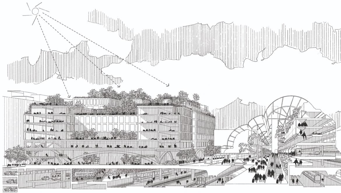 Illustration av Centralstaden inspirerad av Erskines skiss till tävlingsförslaget för Cityterminalen. 