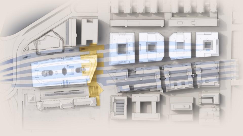 Nya stationsrum ovan spåren Bild som visar spår, överdäckning och bebyggelse