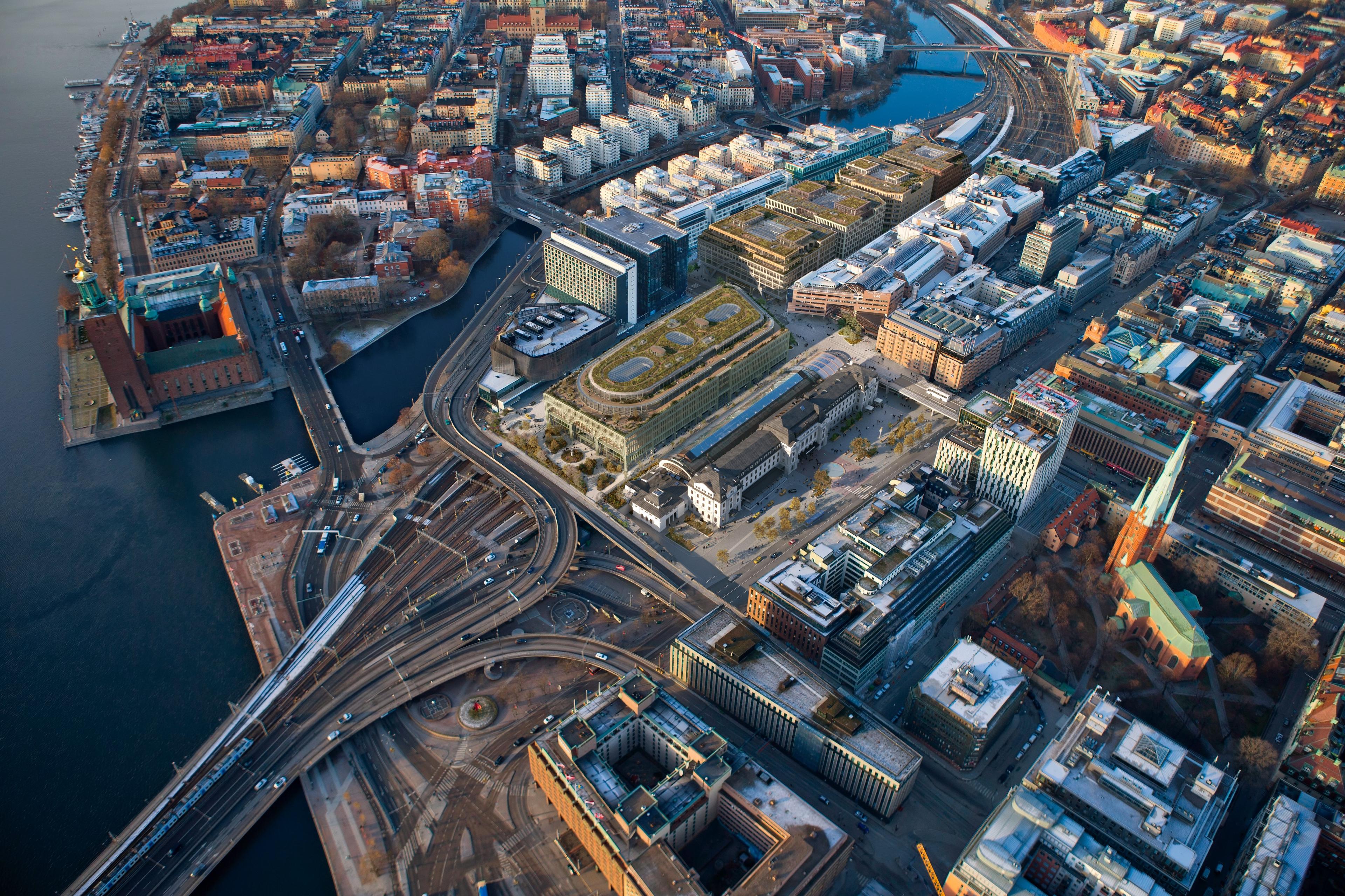 Flygbild från söder_samrådsförslaget Flygbild från söder över den nya stationsbebyggelsen